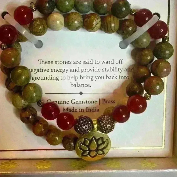 Shivam Jasper,Unakite & Quartz Beads Prayer Healing Meditation Set of 2 Bracelet - Picture 3 of 6